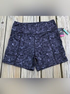 NEW Ladies M PRO PLAYER Black Grey Abstract Pocket Biker Shorts Running Yoga Gym